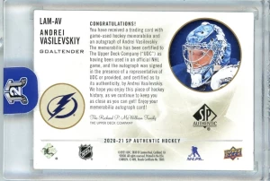 2020-21 Upper Deck SP Authentic Limited Patch Auto /50 Andrei Vasilevskiy back
